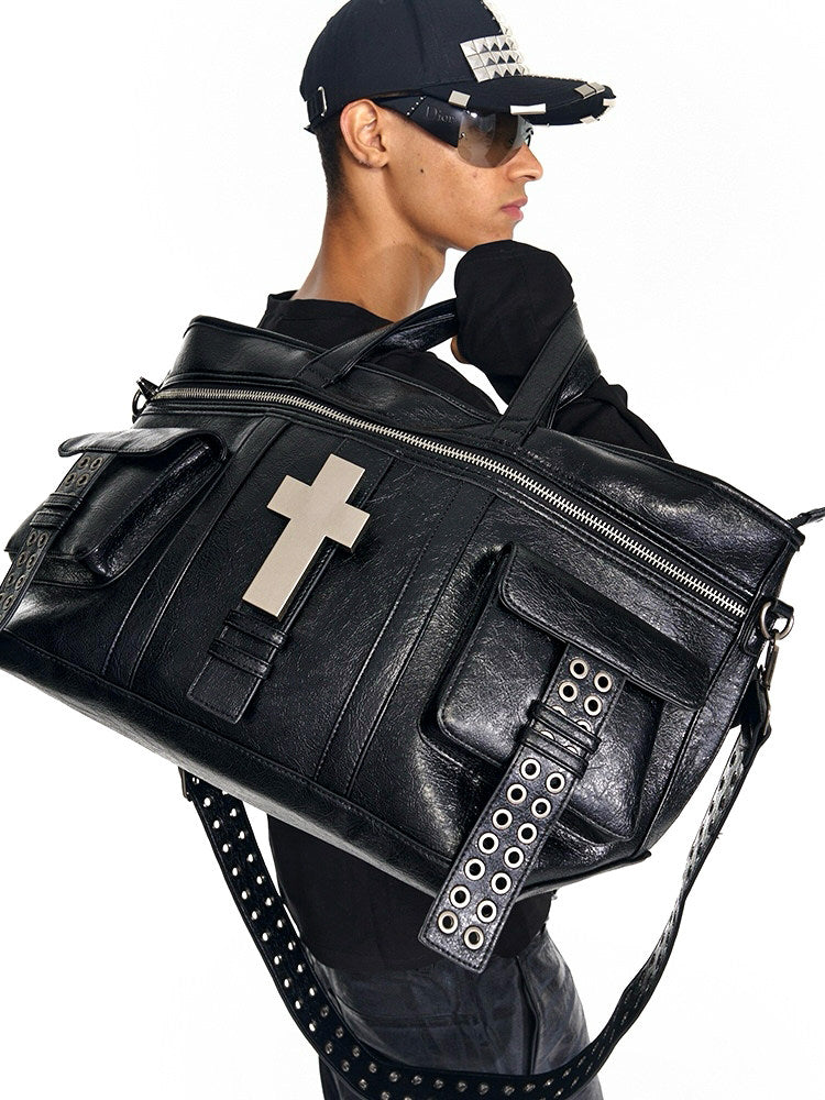 Cross Pattern Cracked PU Leather Tote Bag