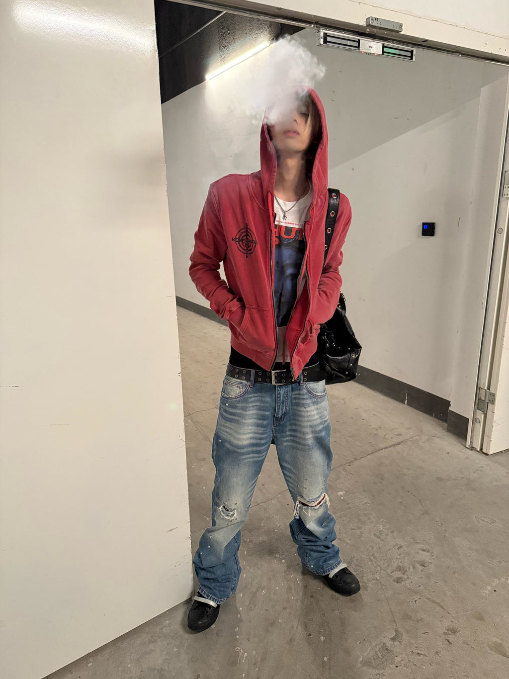 Red Washed Zip-Up Skinny Hoodie