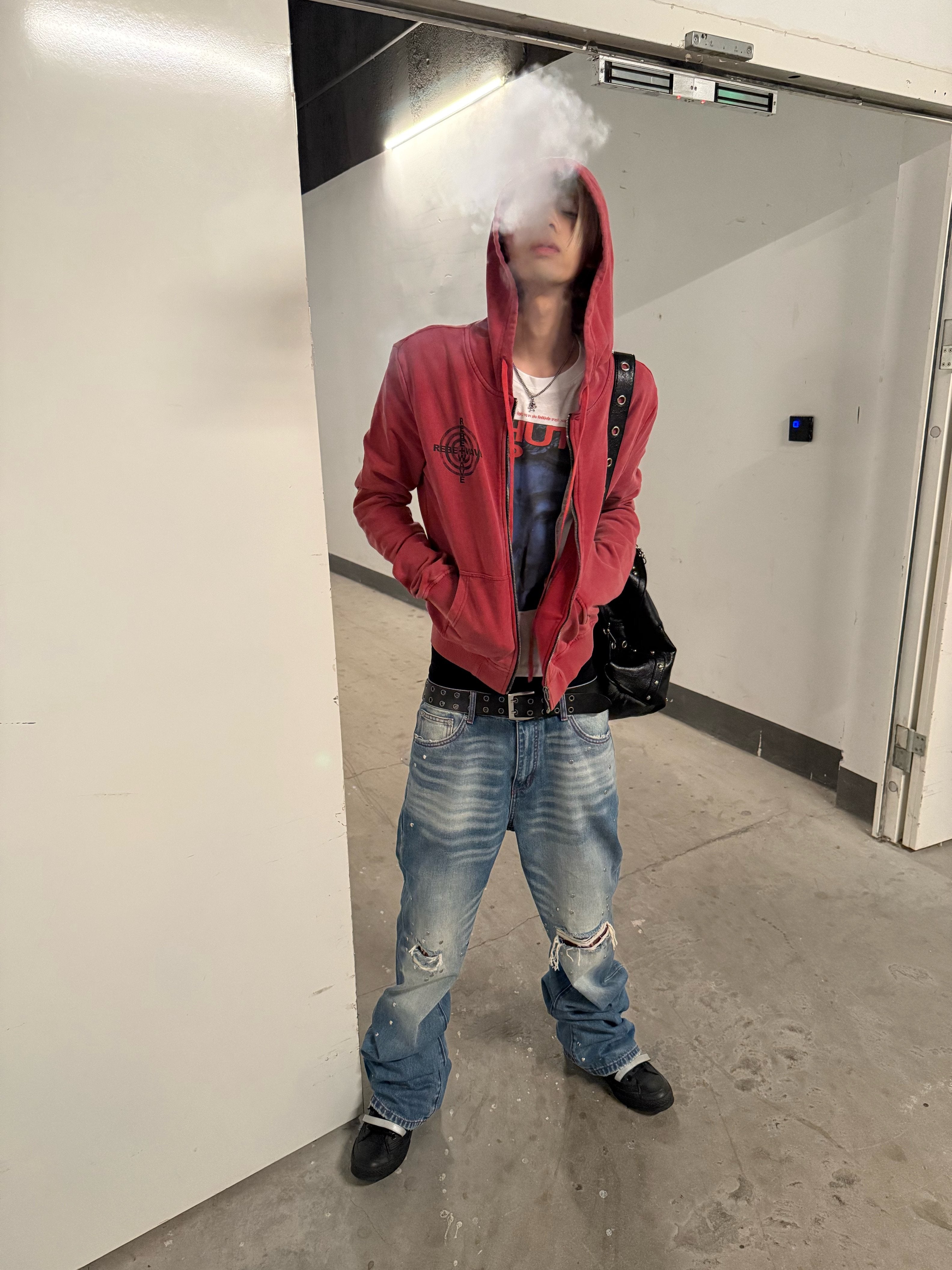Red Washed Zip-Up Skinny Hoodie