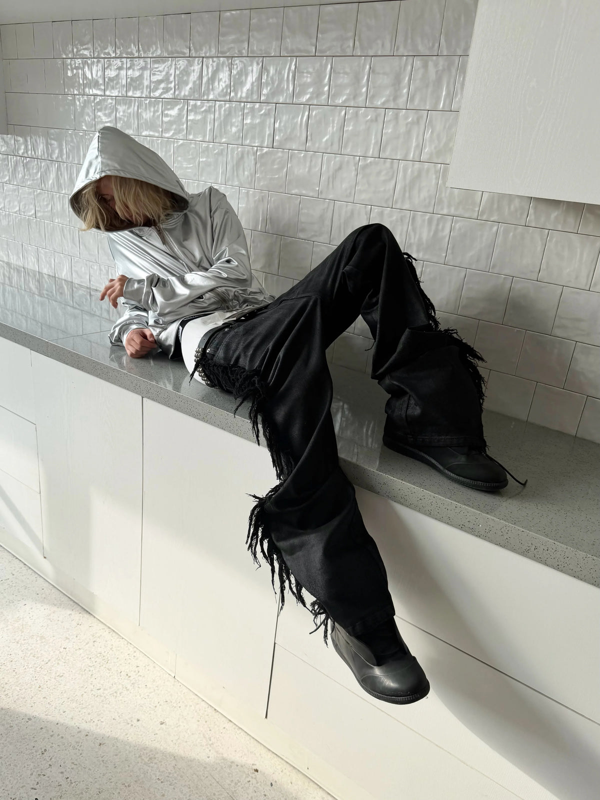 Frayed Fringe Wax‑Coated Denim Flare Pants