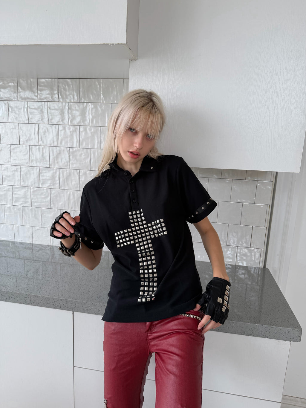 Cross Rivet Detail Polo Short Sleeve T-shirt