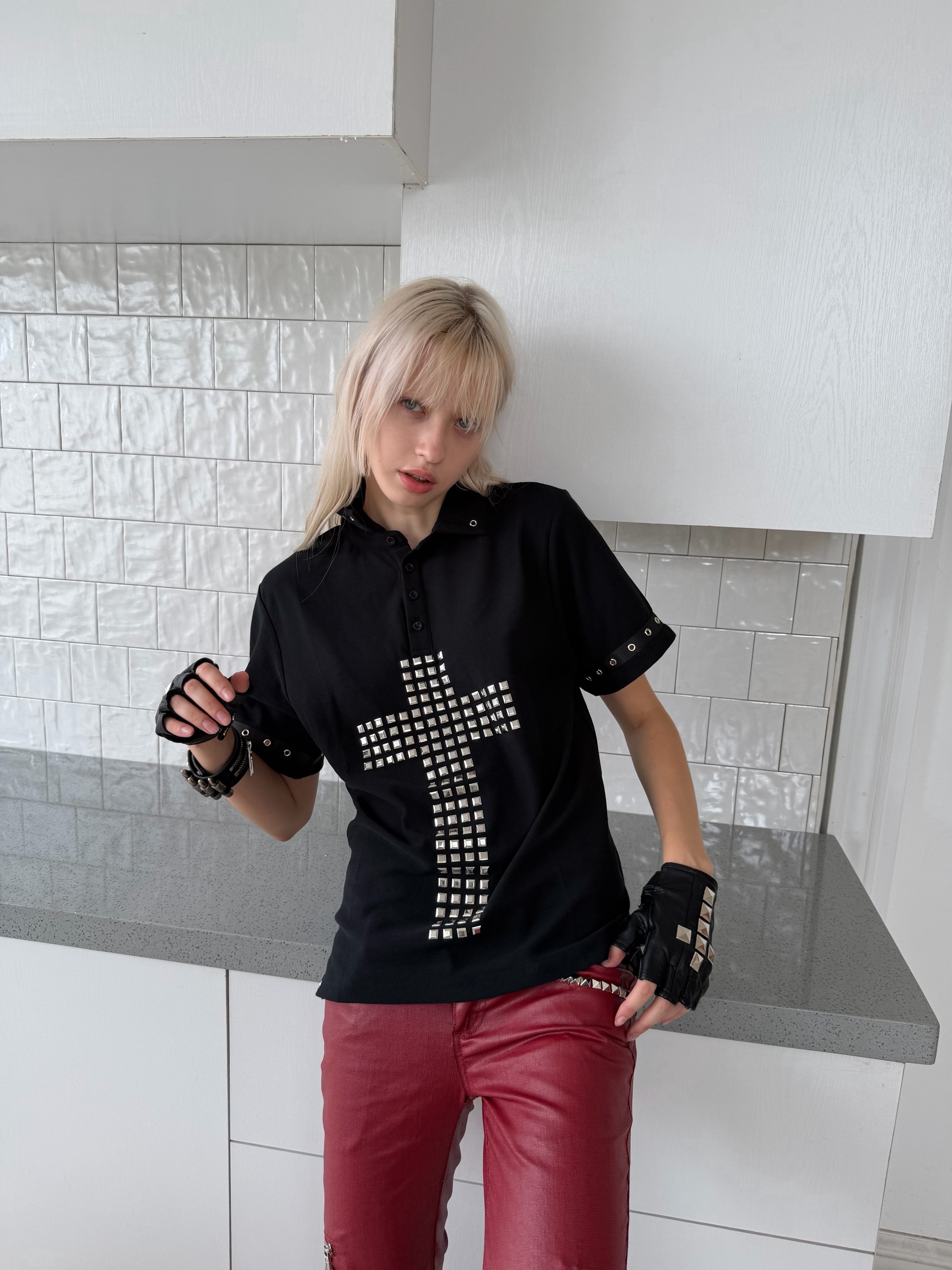 Cross Rivet Detail Polo Short Sleeve T-shirt