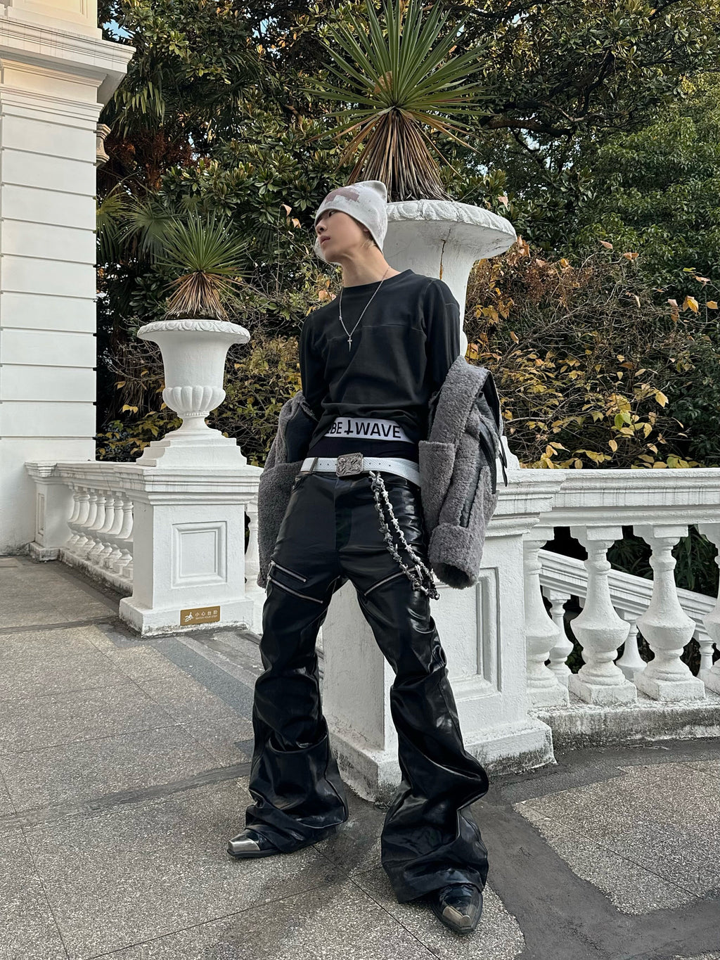 Liquid Metal Coated Wax Pants Flared Jeans