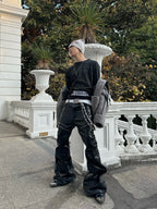 Liquid Metal Coated Wax Pants Flared Jeans