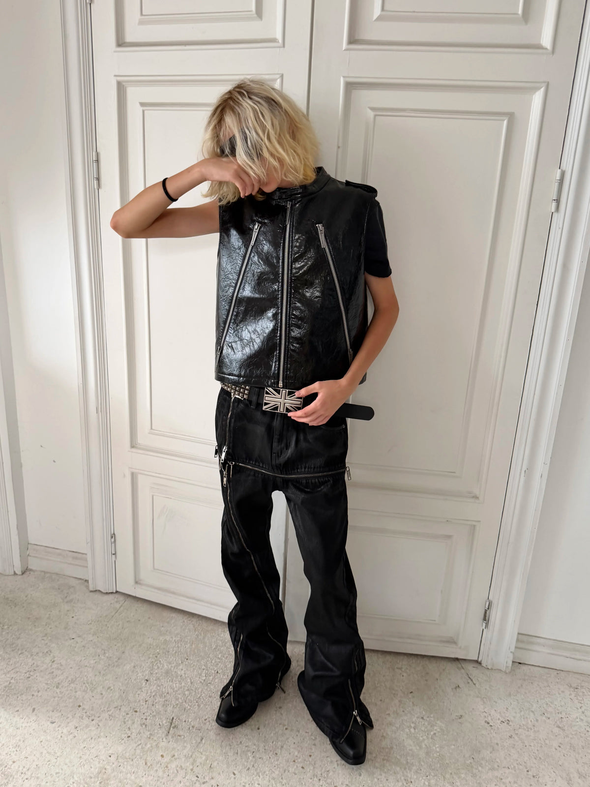 Cross‑Stitch Zip Waxed Denim Flare Pants