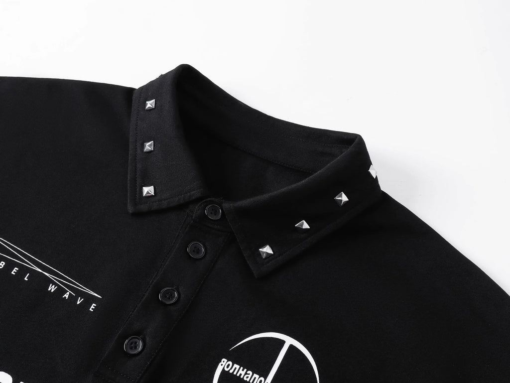 Russian Text & Rivet Print Long Sleeve Polo