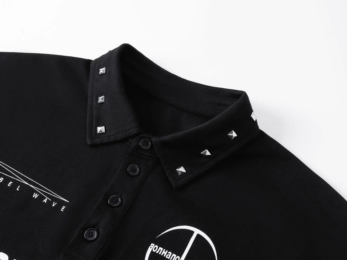 Russian Text & Rivet Print Long Sleeve Polo