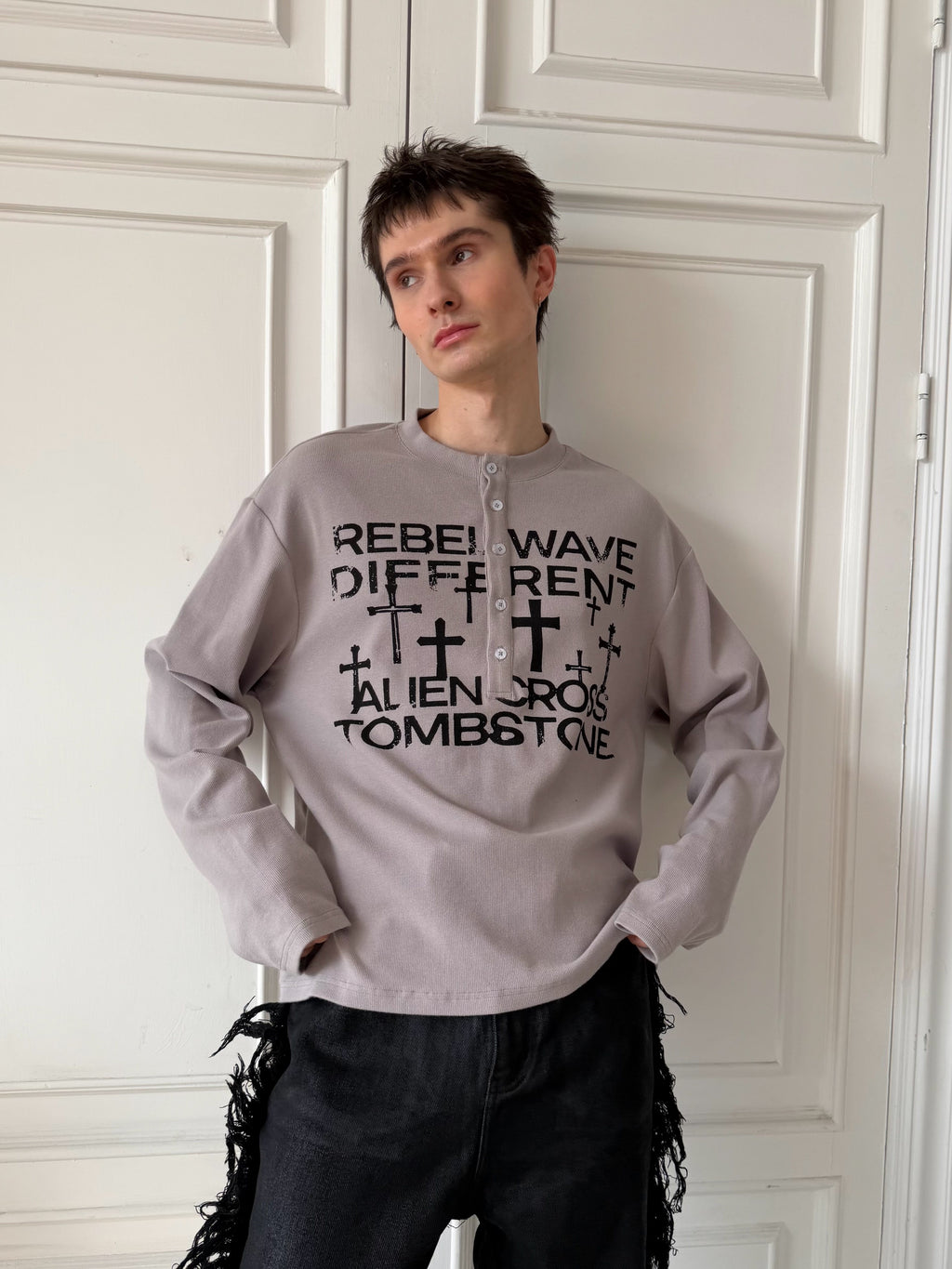 Printed Henley‑Collar Long‑Sleeve Long Polo Tee