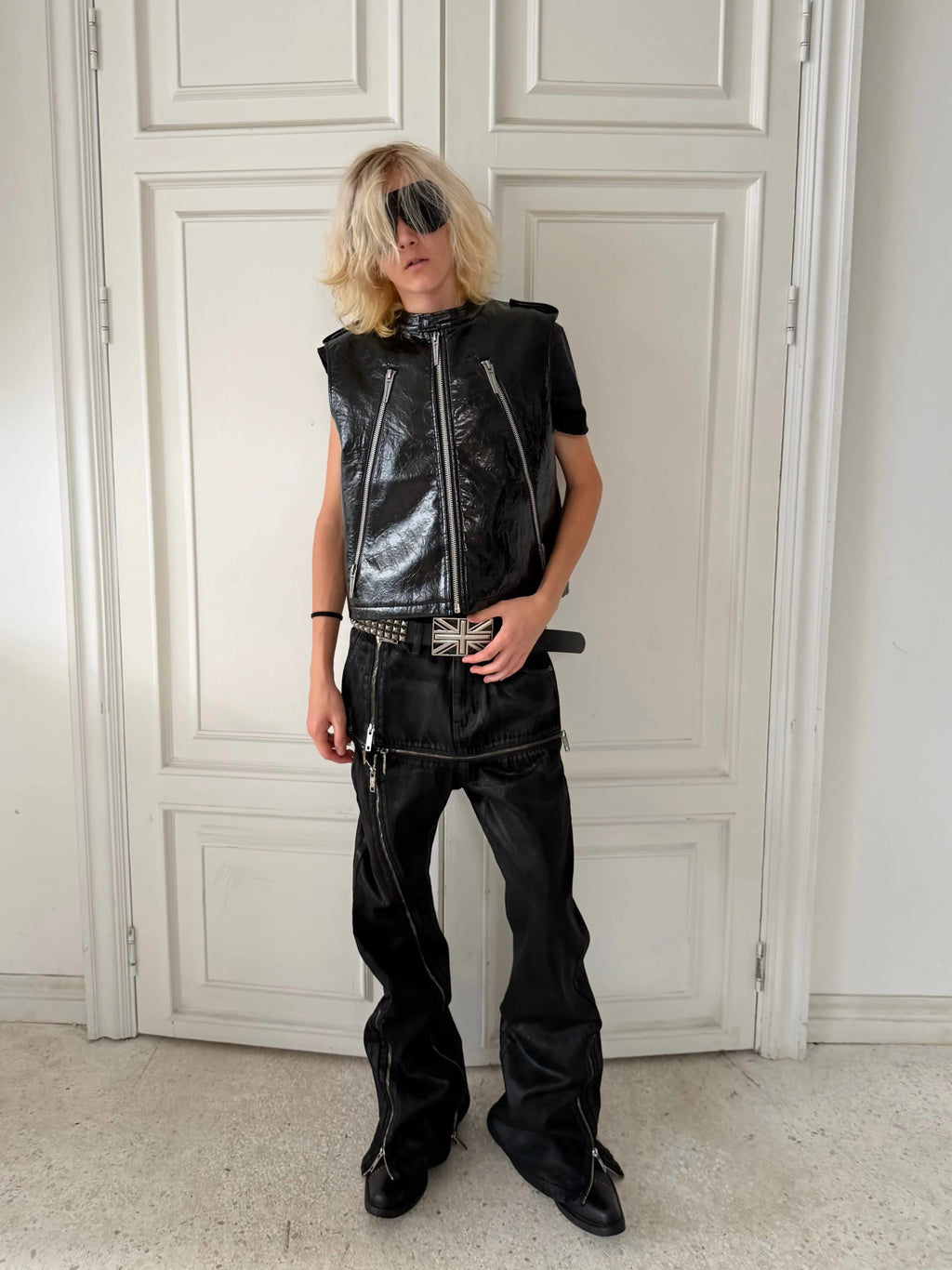 Cross‑Stitch Zip Waxed Denim Flare Pants