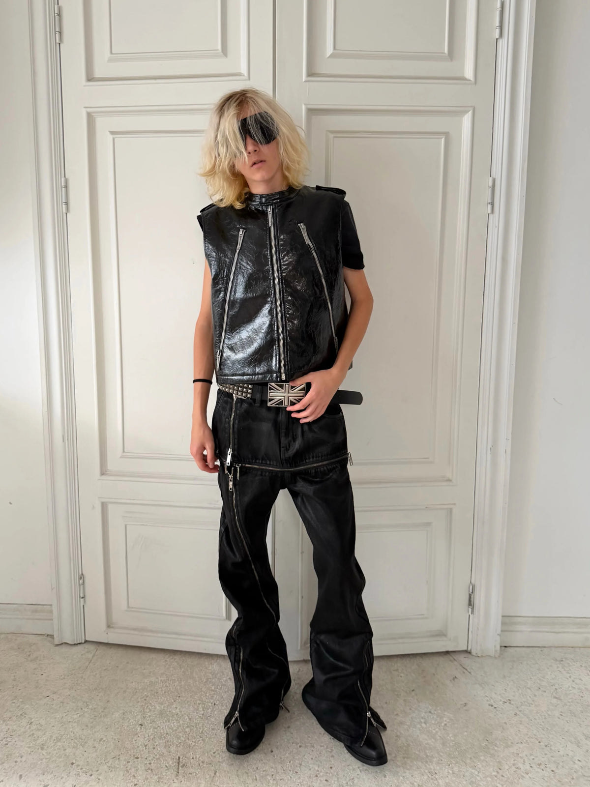 Cross‑Stitch Zip Waxed Denim Flare Pants