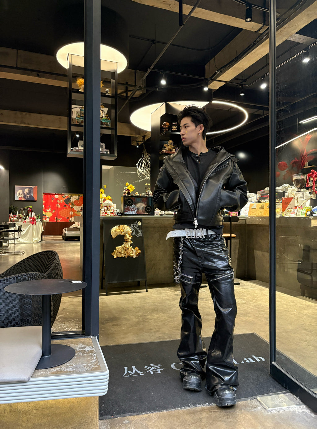 Liquid Metal Coated Wax Pants Flared Jeans