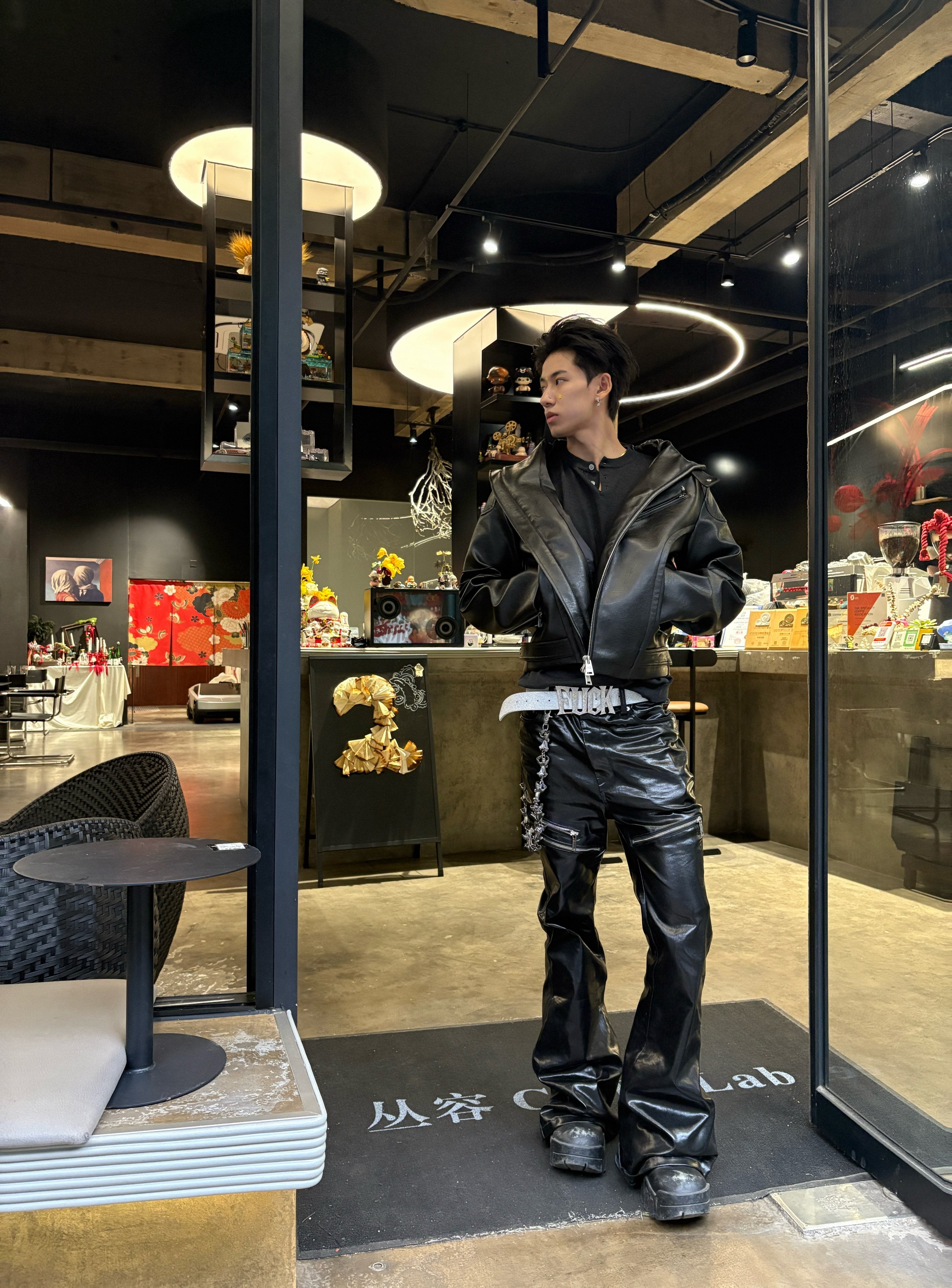 Liquid Metal Coated Wax Pants Flared Jeans