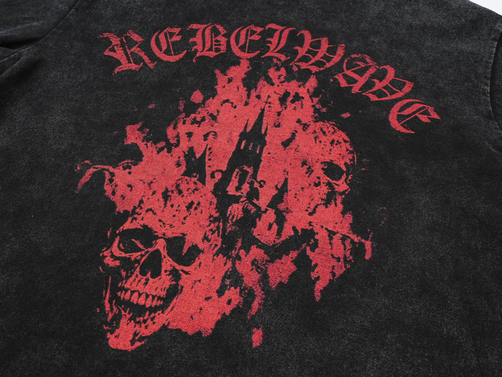 Washed Skull & Castle Print Long Sleeve