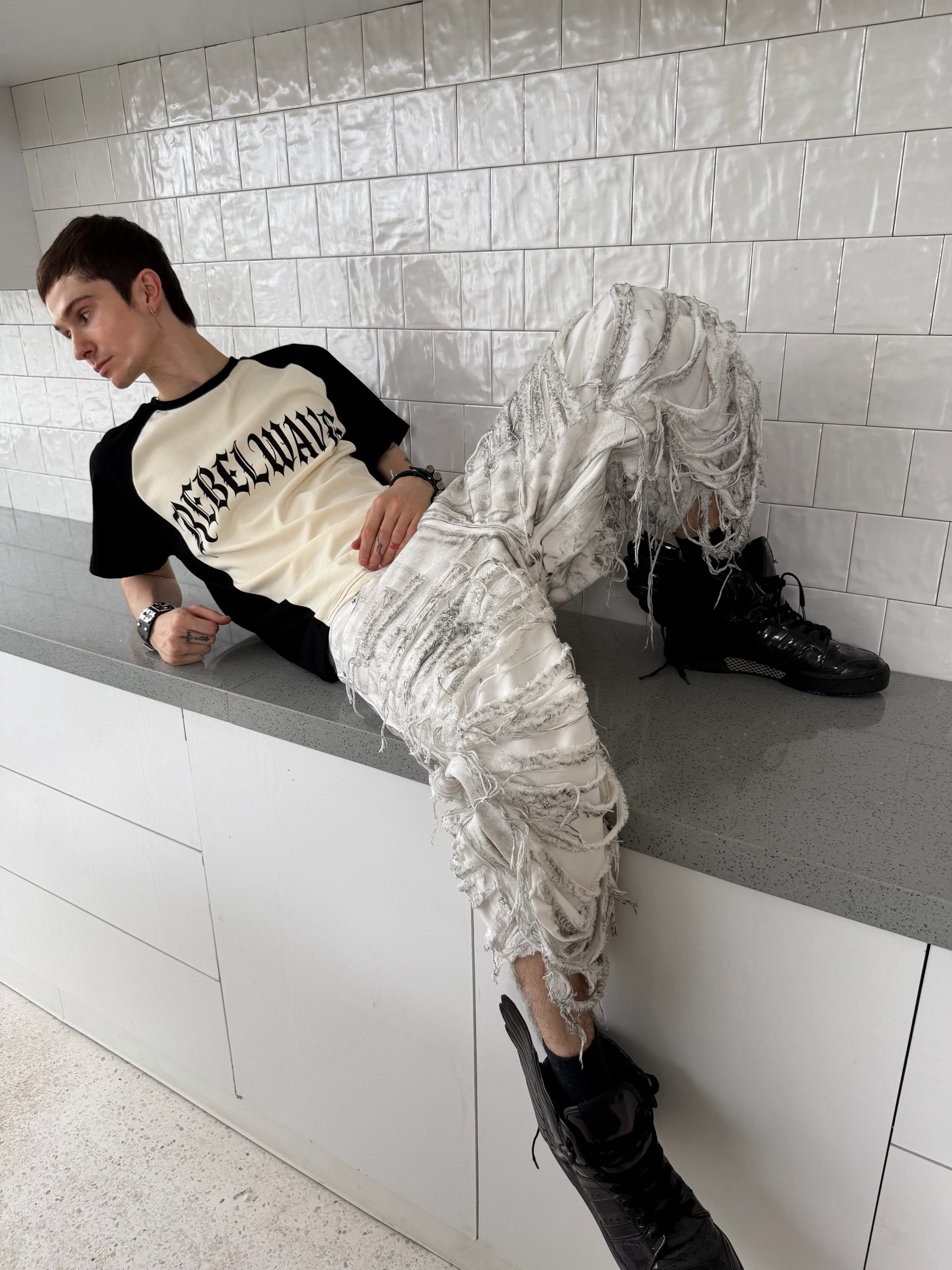 White Distressed Waxed Cropped Wide Leg Pants
