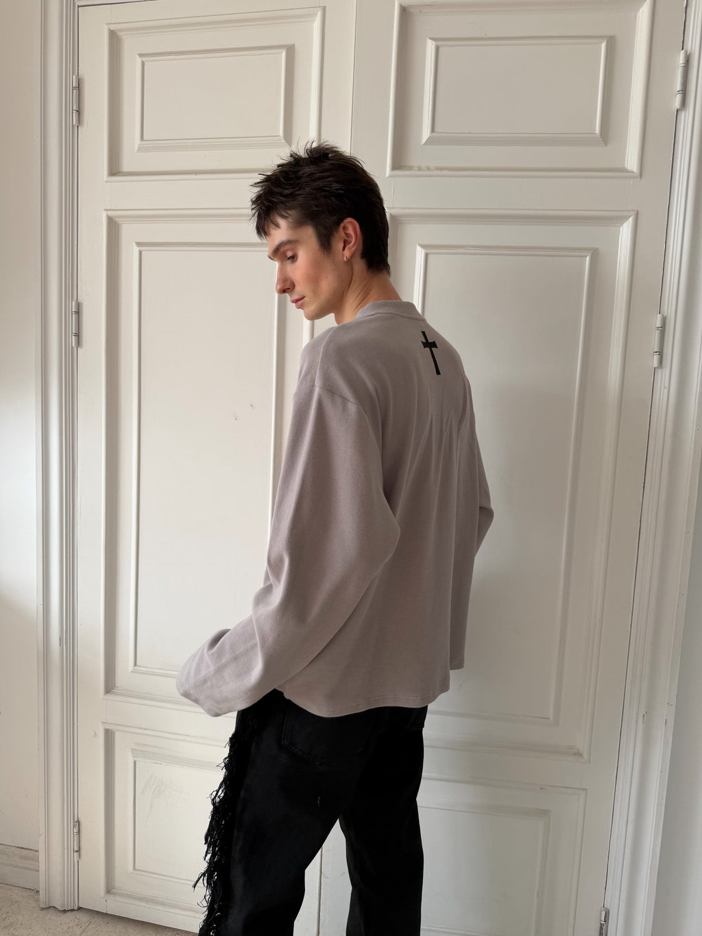 Printed Henley‑Collar Long‑Sleeve Long Polo Tee