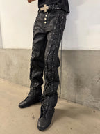 Waxed Straight-Leg Jeans with Wax Coating & Strap Details