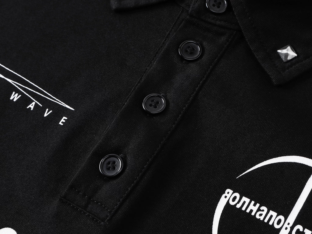 Russian Text & Rivet Print Long Sleeve Polo