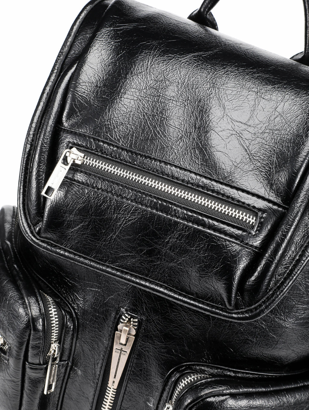 Multi-Zipper Cracked Leather Backpack, Multi-Pocket School Bag