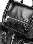 Multi-Zipper Cracked Leather Backpack, Multi-Pocket School Bag