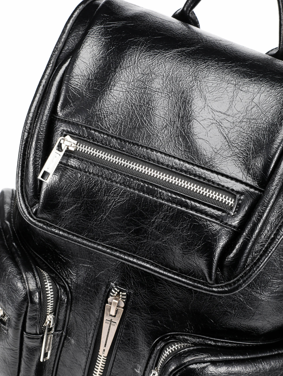 Multi-Zipper Cracked Leather Backpack, Multi-Pocket School Bag