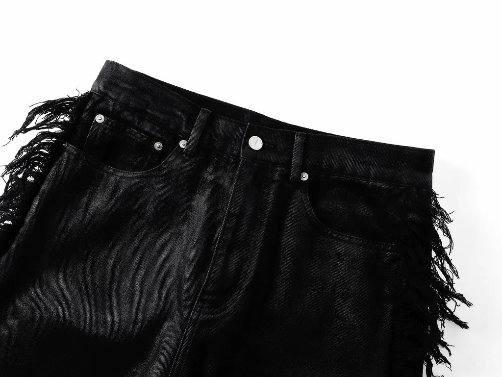 Frayed Fringe Wax‑Coated Denim Flare Pants