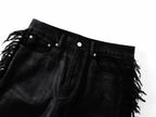 Frayed Fringe Wax‑Coated Denim Flare Pants