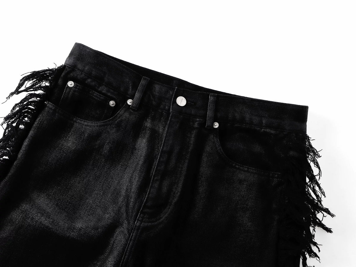 Frayed Fringe Wax‑Coated Denim Flare Pants