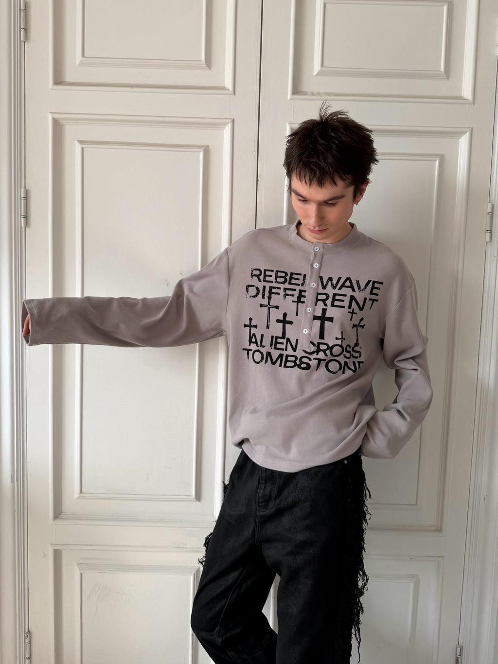 Printed Henley‑Collar Long‑Sleeve Long Polo Tee