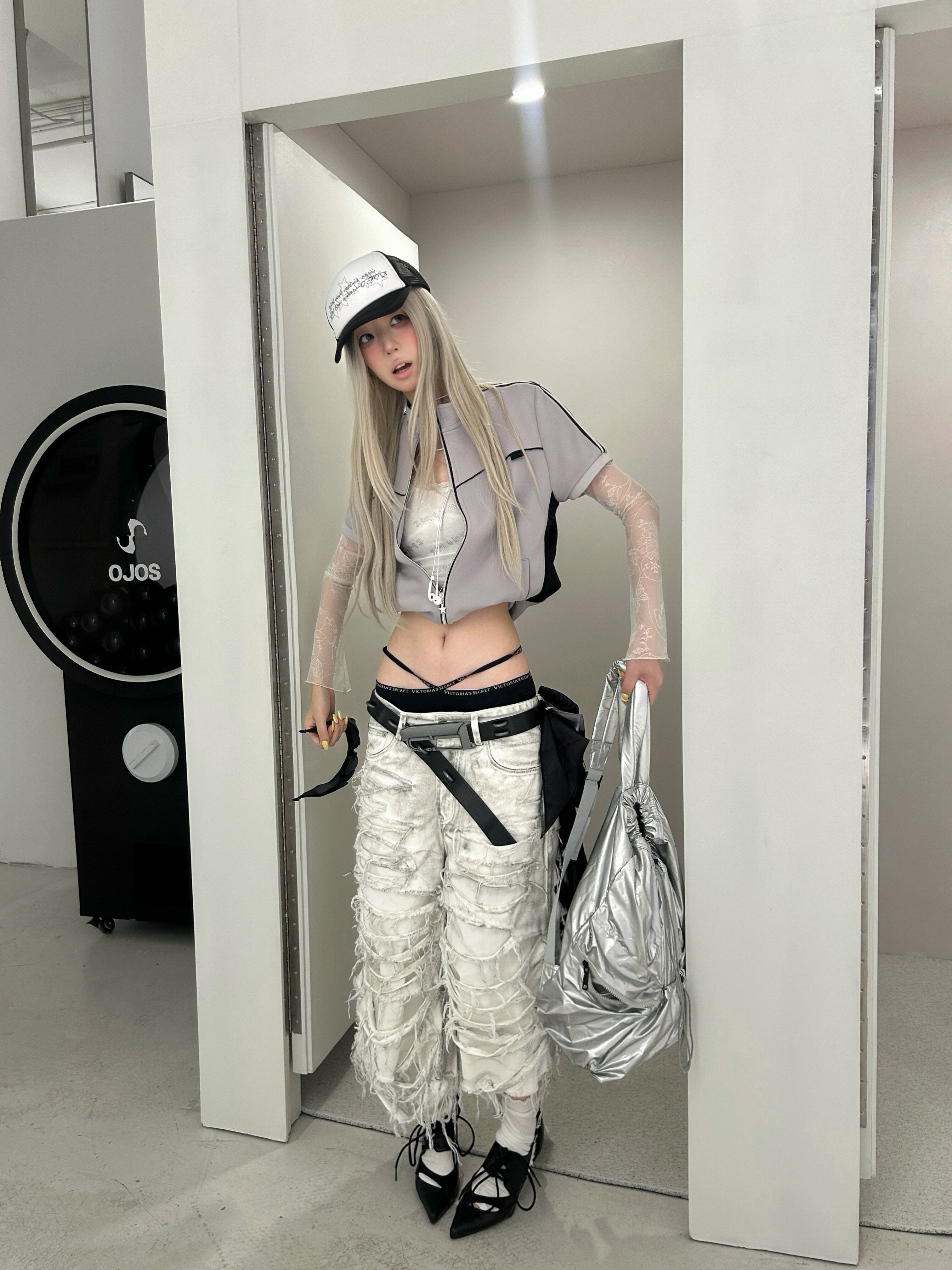 White Distressed Waxed Cropped Wide Leg Pants
