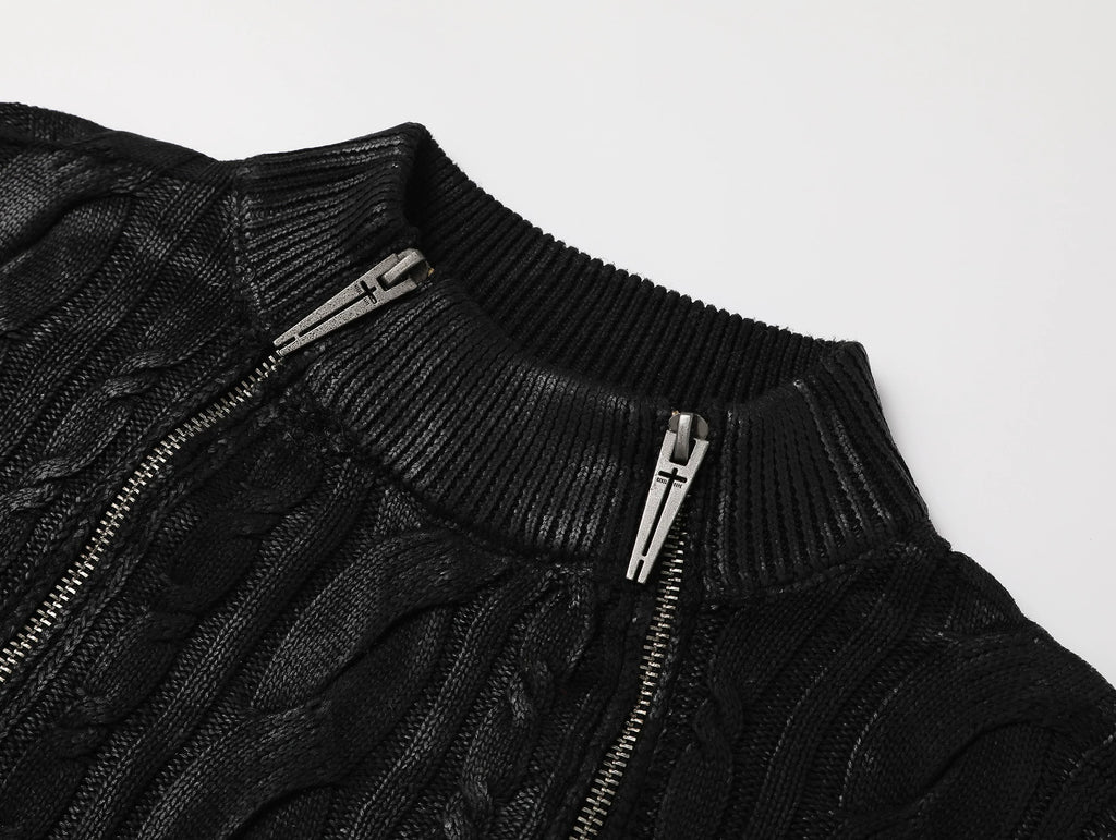 Waxed Cable Knit Sweater, Knit Outer Top with Multi-Zipper Design