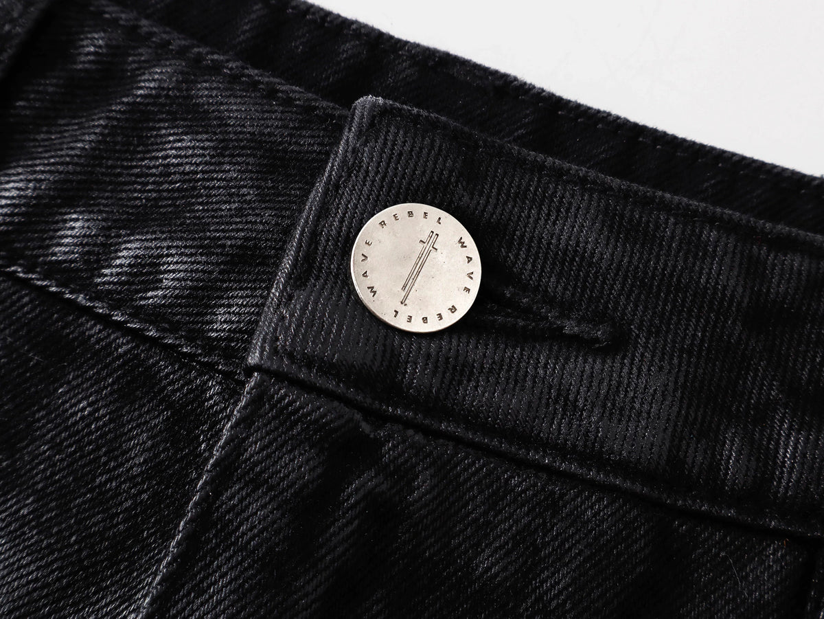 Cross‑Stitch Zip Waxed Denim Flare Pants