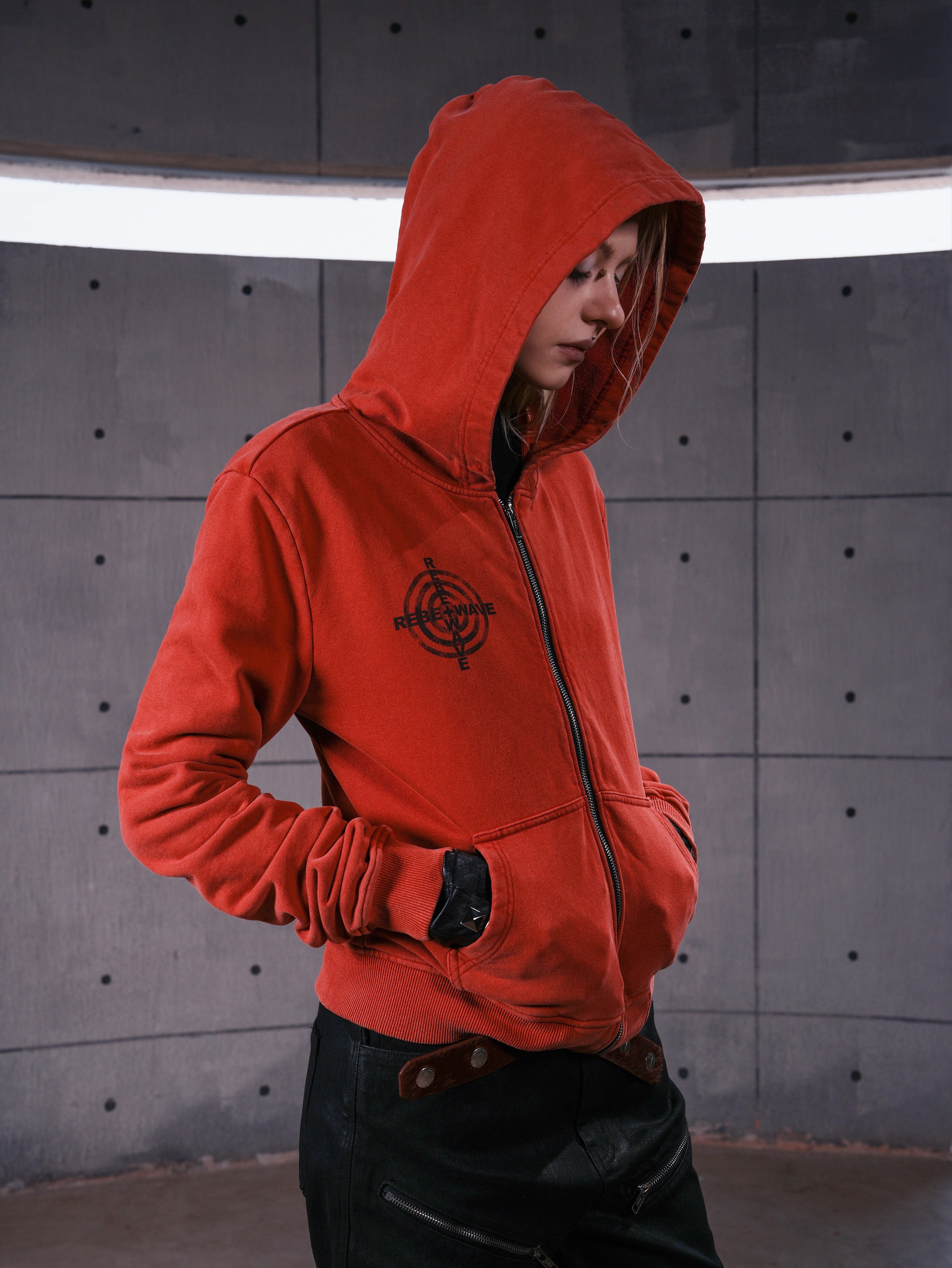 Red Washed Zip-Up Skinny Hoodie