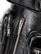 Multi-Zipper Cracked Leather Backpack, Multi-Pocket School Bag