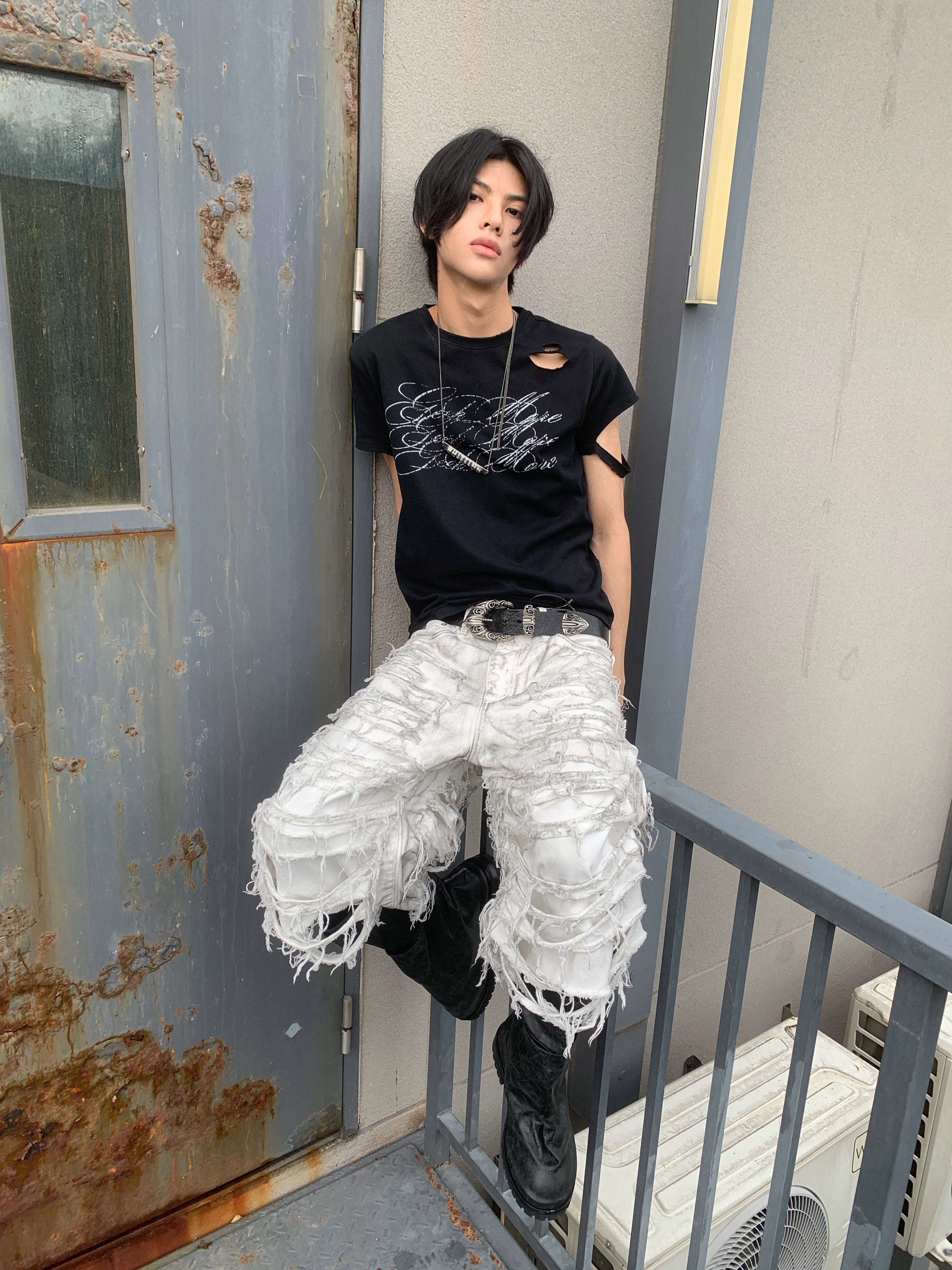 White Distressed Waxed Cropped Wide Leg Pants
