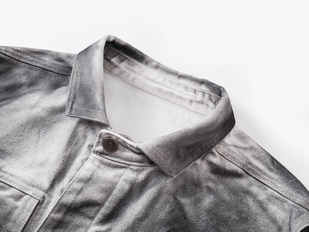 Splatter Distressed Patchwork Croc Leather Jacket, Mixed-Leather Denim Outerwear