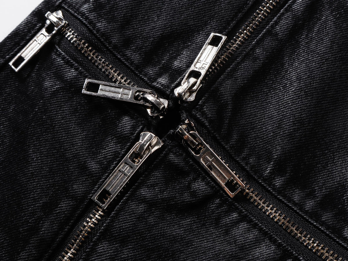 Cross‑Stitch Zip Waxed Denim Flare Pants