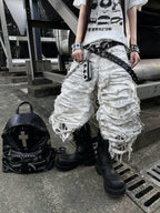 White Distressed Waxed Cropped Wide Leg Pants