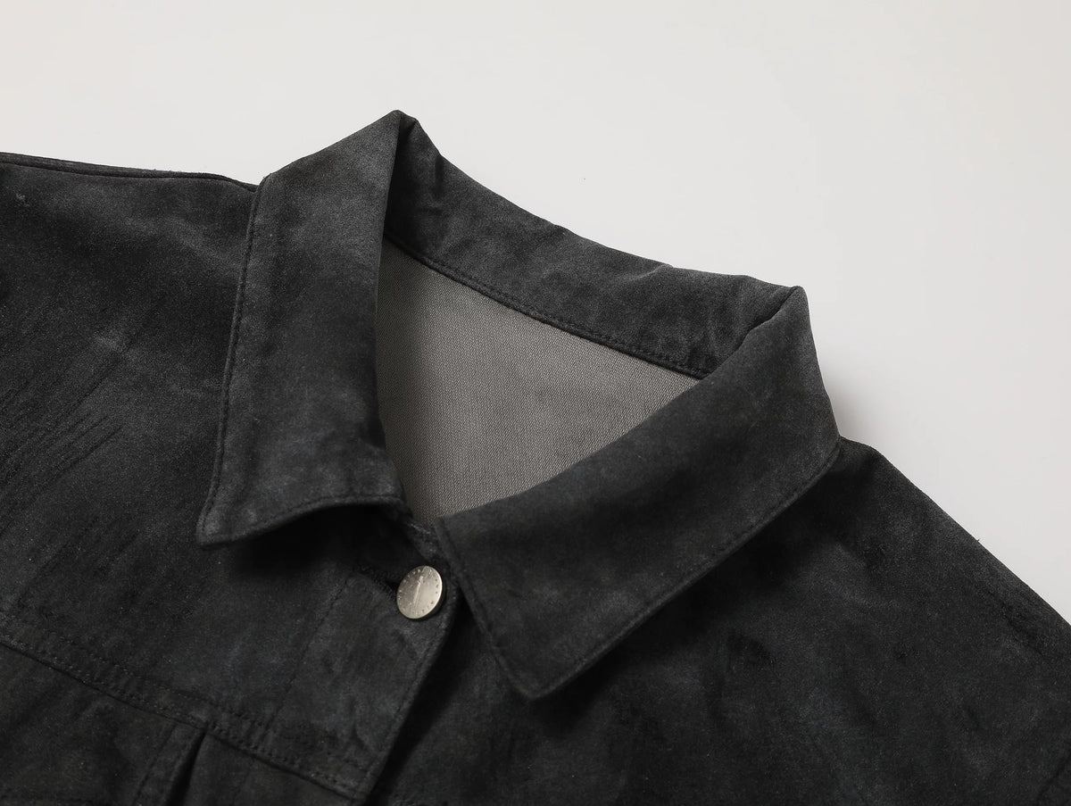 Suede Washed Distressed Jacket, Dirty Creased Denim Outerwear