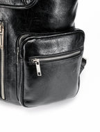Multi-Zipper Cracked Leather Backpack, Multi-Pocket School Bag