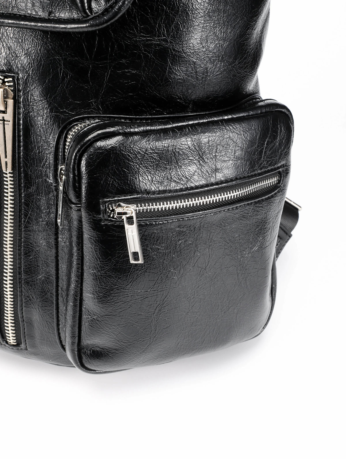 Multi-Zipper Cracked Leather Backpack, Multi-Pocket School Bag