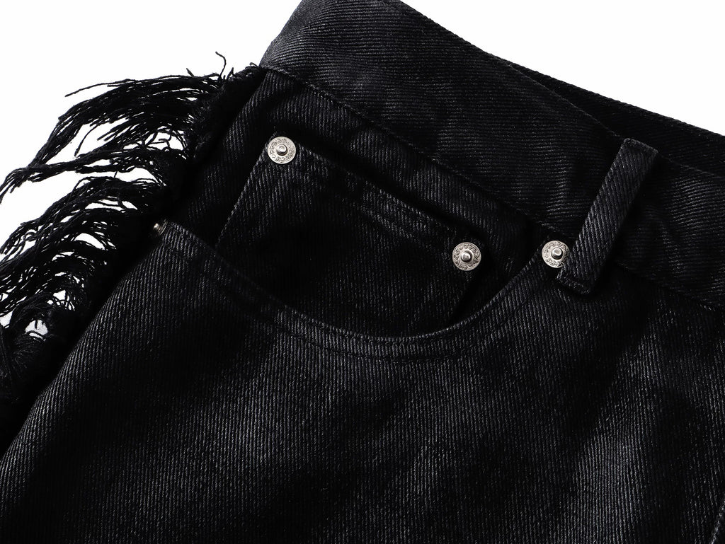 Frayed Fringe Wax‑Coated Denim Flare Pants
