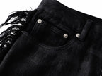 Frayed Fringe Wax‑Coated Denim Flare Pants