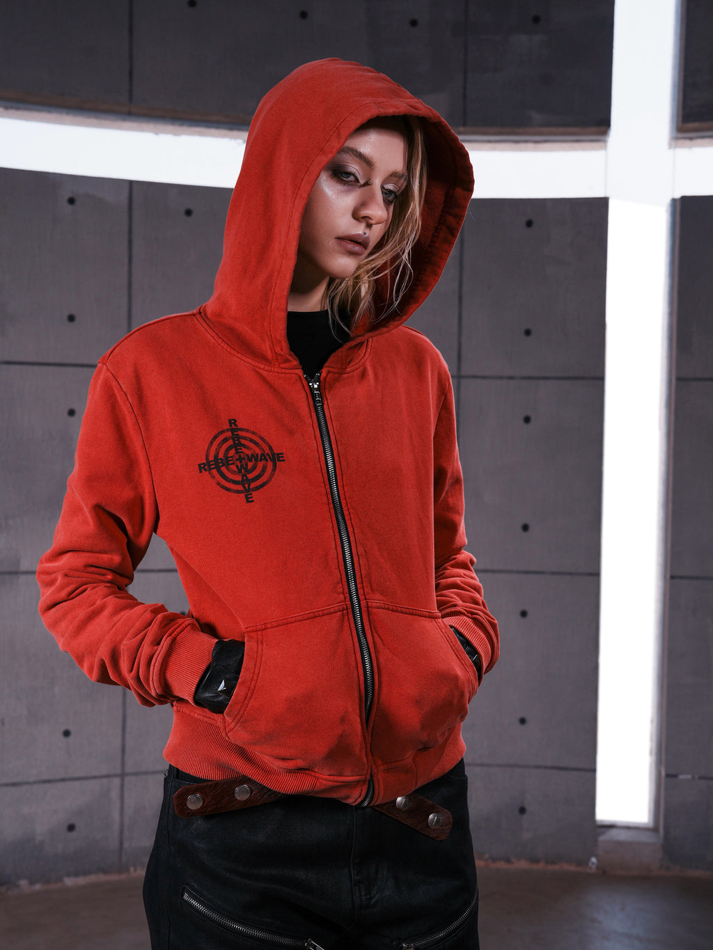 Red Washed Zip-Up Skinny Hoodie