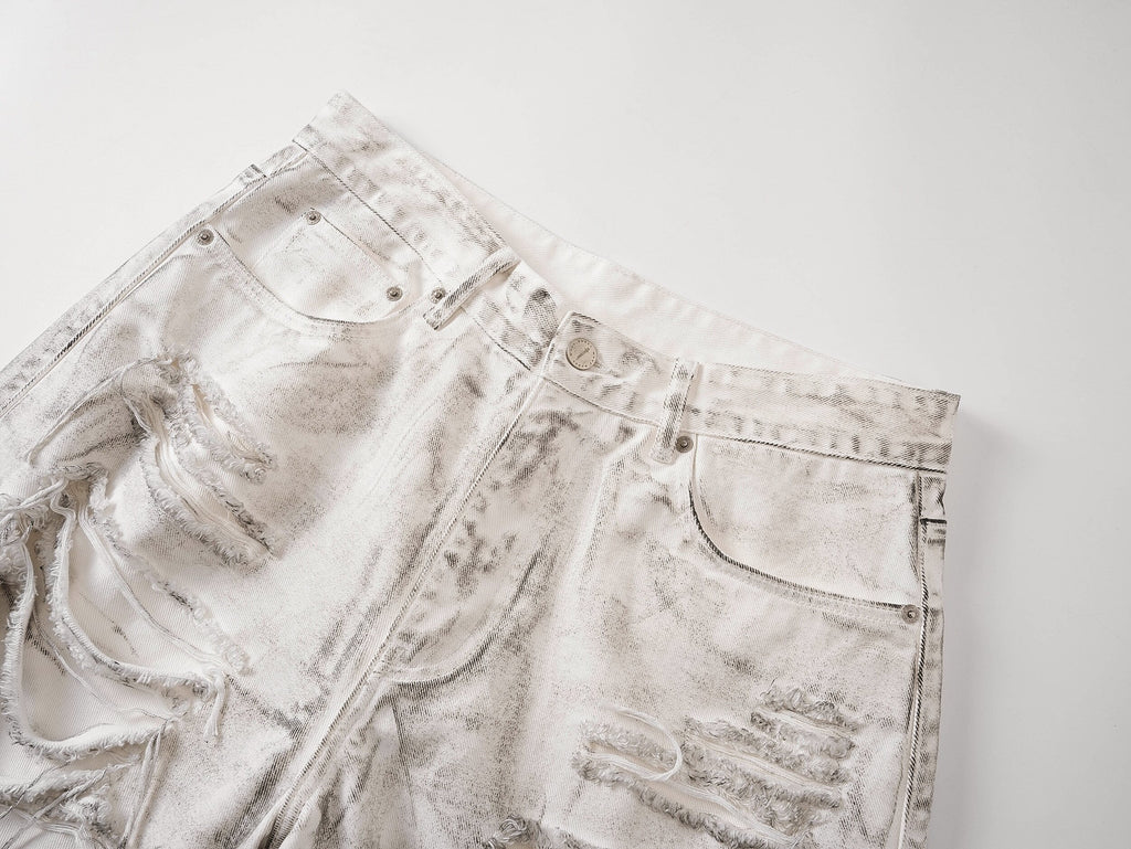 White Distressed Waxed Cropped Wide Leg Pants