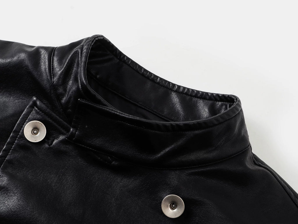 Placket Double-Breasted Stand Collar Leather Jacket