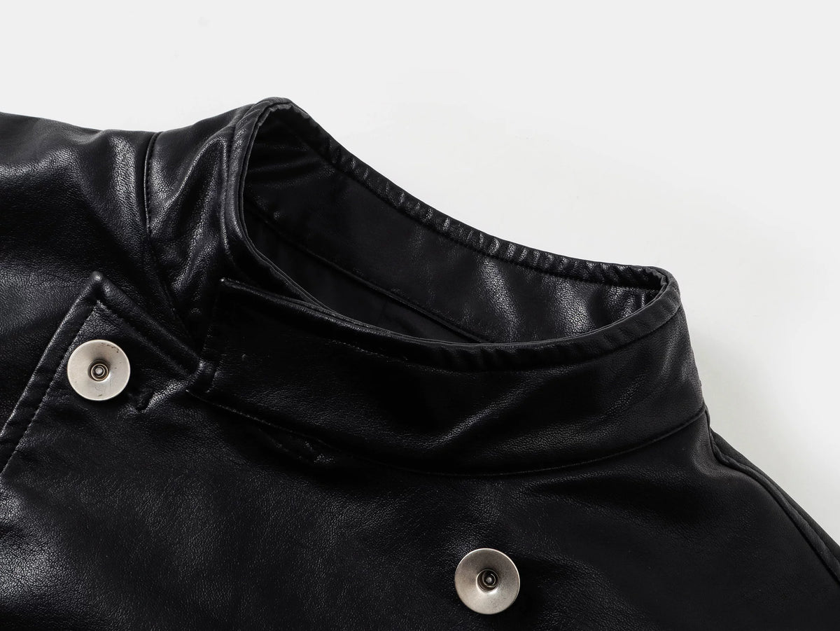 Placket Double-Breasted Stand Collar Leather Jacket