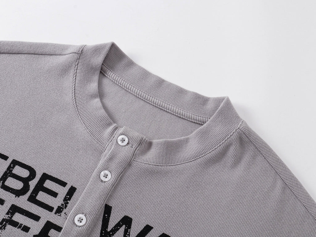 Printed Henley‑Collar Long‑Sleeve Long Polo Tee