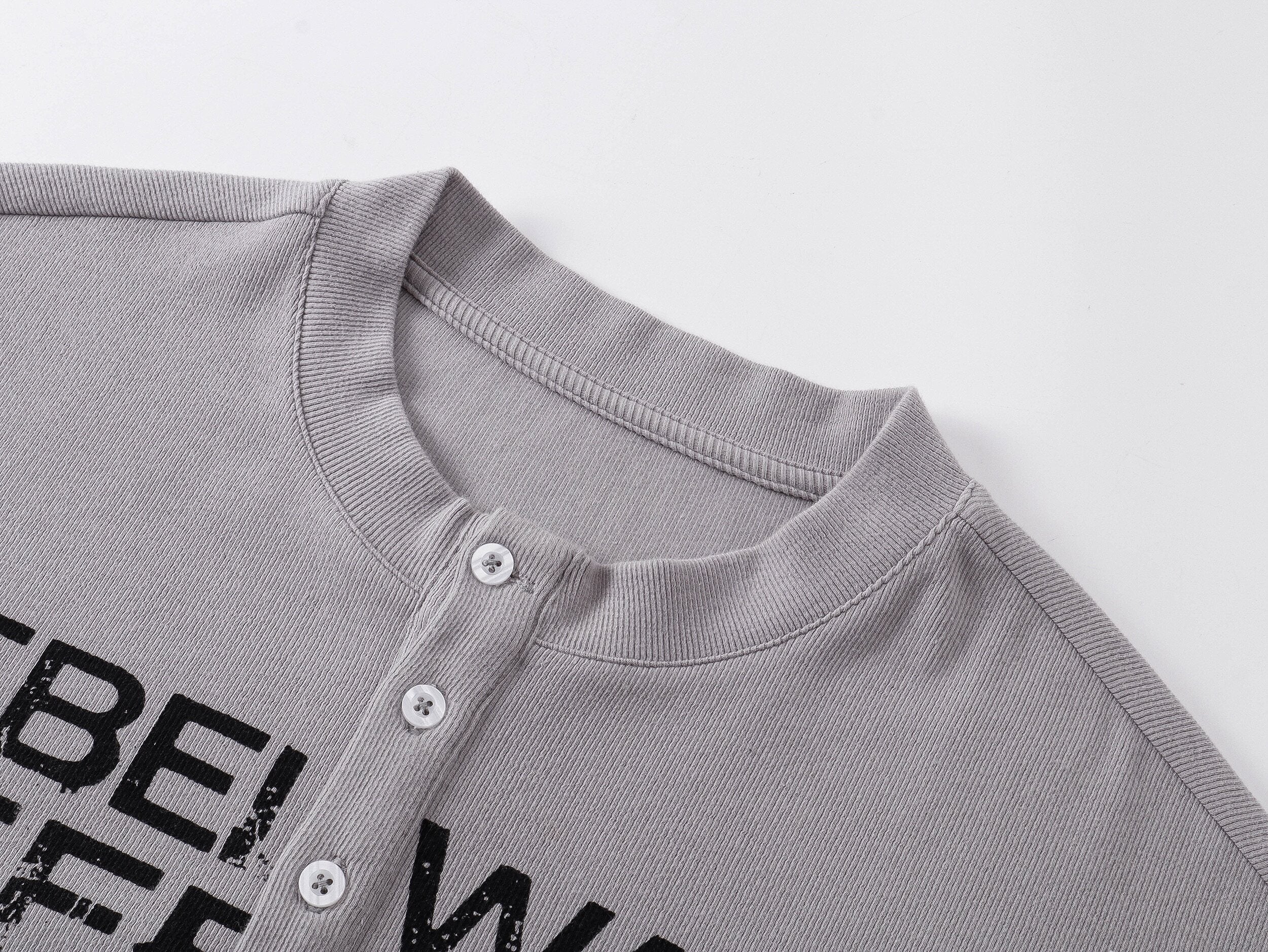 Printed Henley‑Collar Long‑Sleeve Long Polo Tee