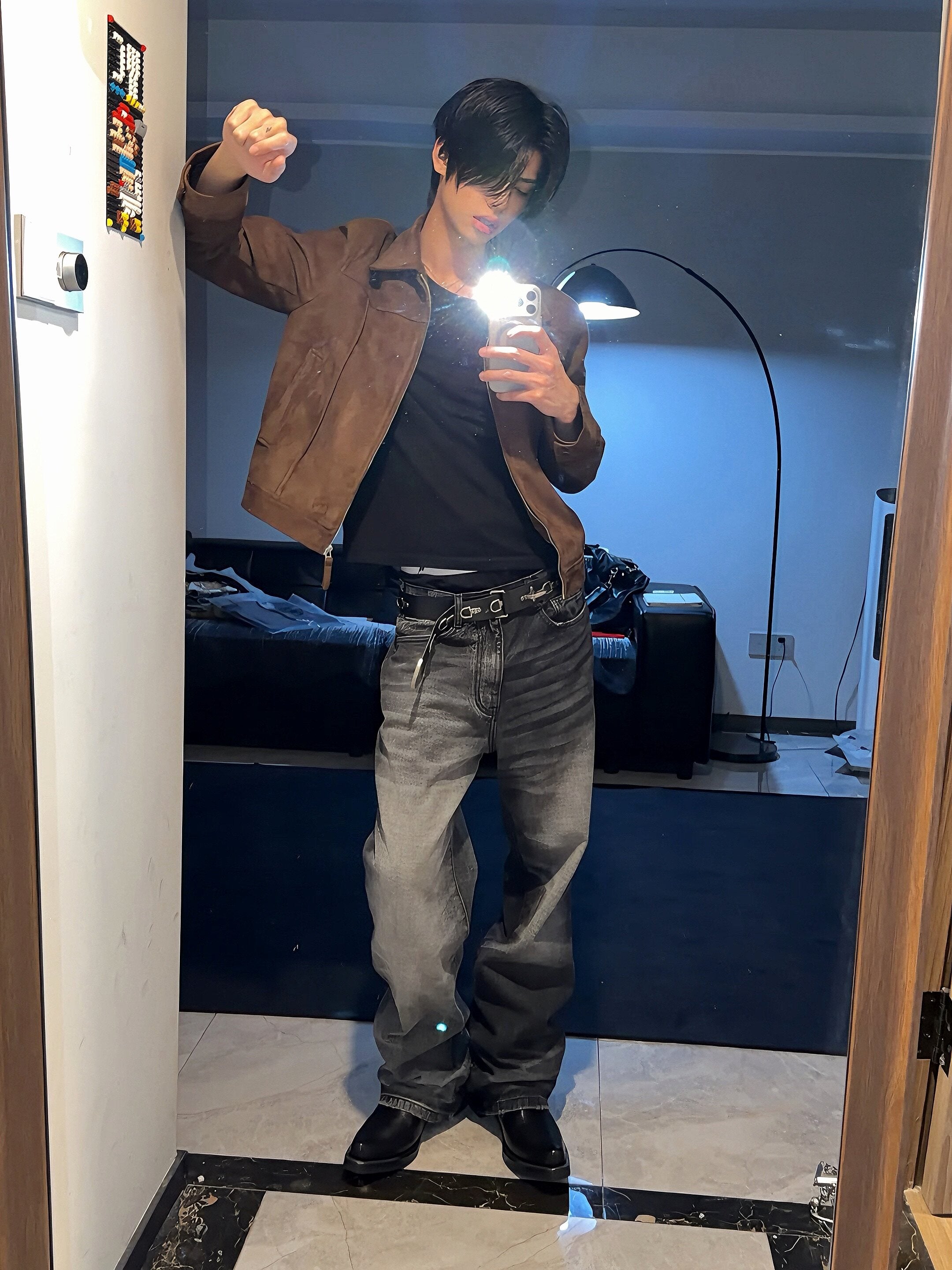 Two-Tone Washed Jeans, Yin-Yang Whisker Denim Pants