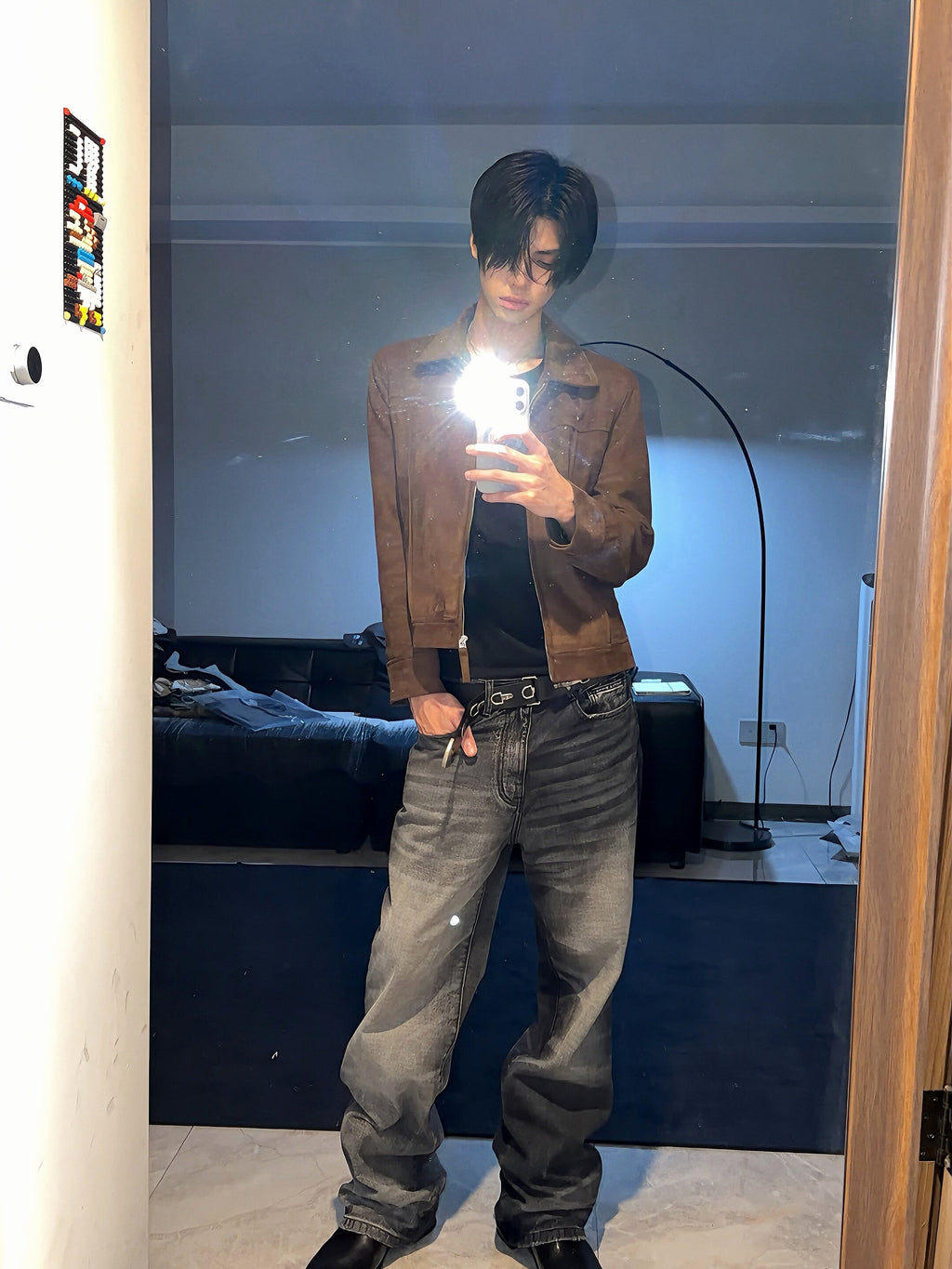 Two-Tone Washed Jeans, Yin-Yang Whisker Denim Pants